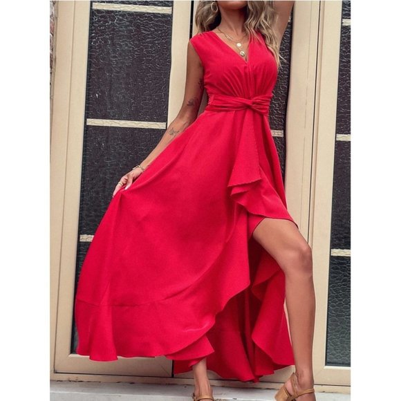 RED High Low Hem Twist Waist Maxi Dress - Picture 6 of 8
